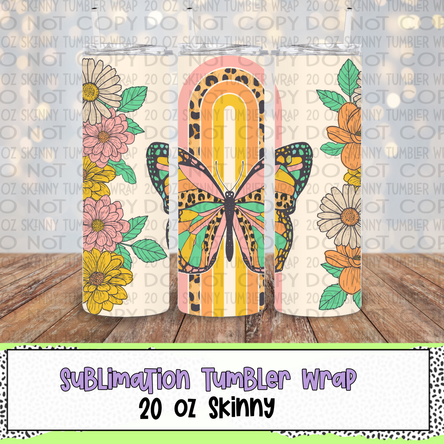 Retro Floral Butterfly 20 Oz Skinny Tumbler Wrap - Sublimation Transfer - RTS