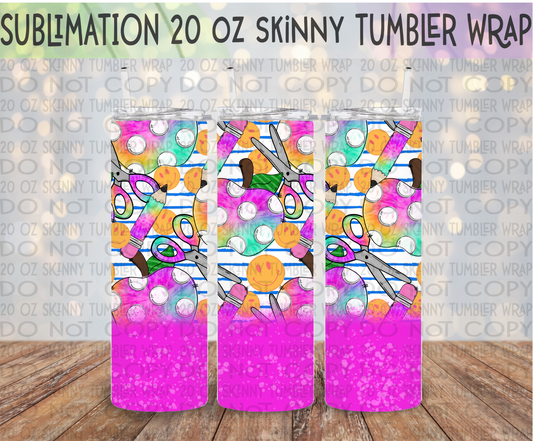 Bright School Doodles 20 Oz Skinny Tumbler Wrap - Sublimation Transfer - RTS