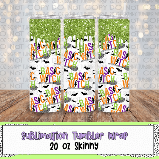 Basic Witch Green Glitter 20 Oz Skinny Tumbler Wrap - Sublimation Transfer - RTS