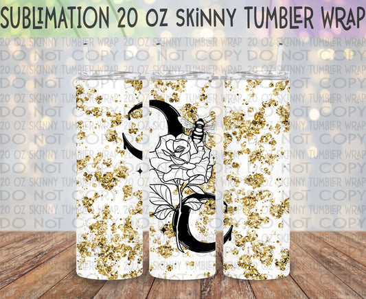 Gold Floral Bee 20 Oz Skinny Tumbler Wrap - Sublimation Transfer - RTS