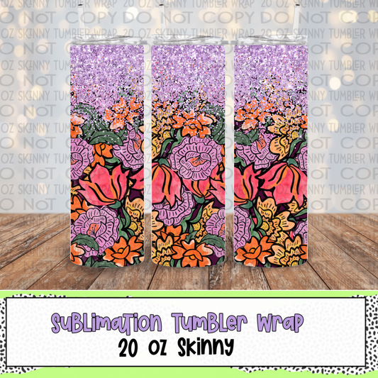 Floral Purple Glitter 20 Oz Skinny Tumbler Wrap - Sublimation Transfer - RTS