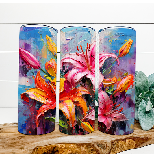 3D Lily Flowers Skinny Tumbler Wrap - Sublimation Transfer - RTS
