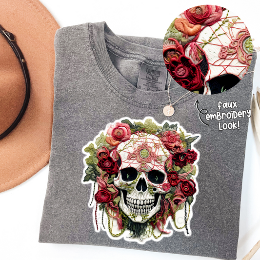 Floral Skull Faux Embroidery - DTF TRANSFER 1011