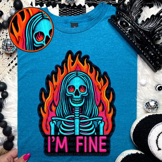 I'm Fine Skelly FAUX EMBROIDERY-DTF TRANSFER 2613 - 3-5 Business Day TAT