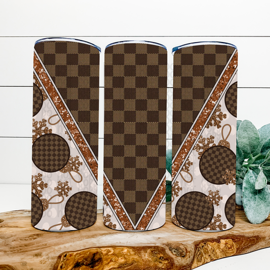 Brown Ornament Checkerd Skinny Tumbler Wrap - Sublimation Transfer - RTS