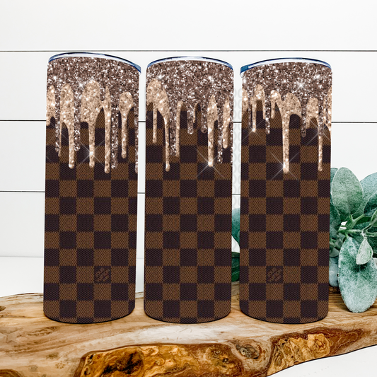 Brown Checkered Gold & Brown Drip Skinny Tumbler Wrap - Sublimation Transfer - RTS