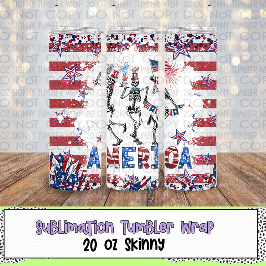 America Dancing Skeletons 20 Oz Skinny Tumbler Wrap - Sublimation Transfer - RTS