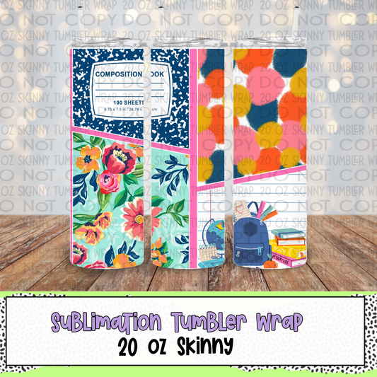 Pastel Composition Notebook 20 Oz Skinny Tumbler Wrap - Sublimation Transfer - RTS
