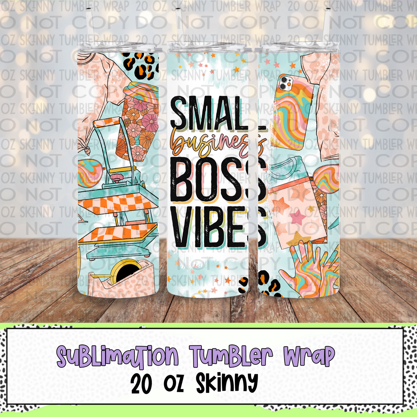 Small Business Boss Blue Vibes 20 Oz Skinny Tumbler Wrap - Sublimation Transfer - RTS
