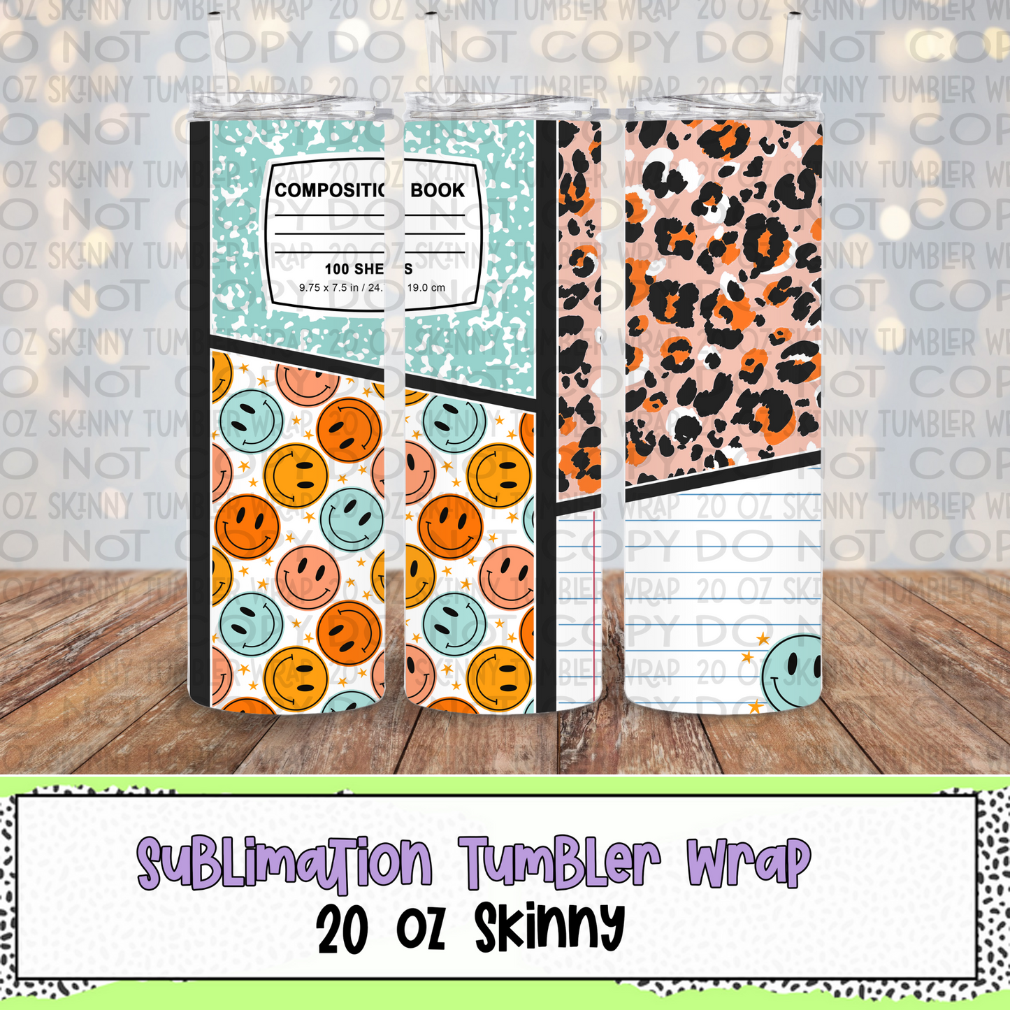 Retro Teacher Composition Notebook 20 Oz Skinny Tumbler Wrap - Sublimation Transfer - RTS