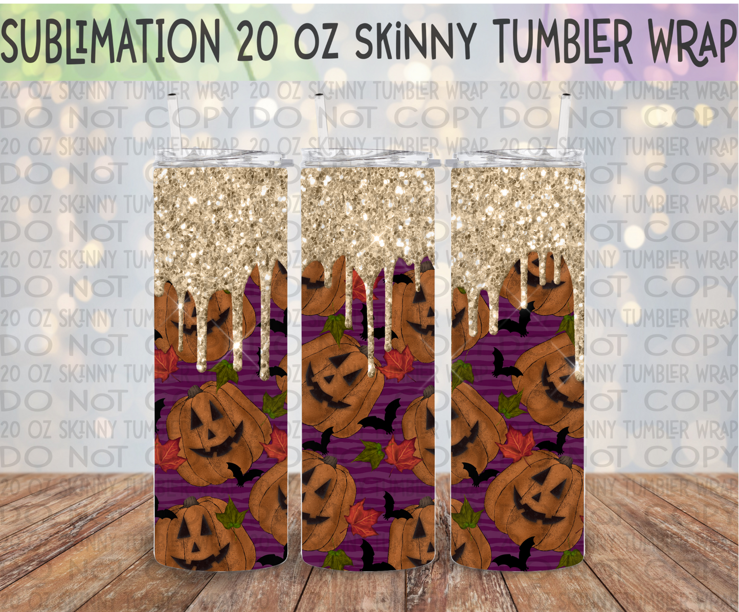 Purple Pumpkin Glitter Drip 20 Oz Skinny Tumbler Wrap - Sublimation Transfer - RTS
