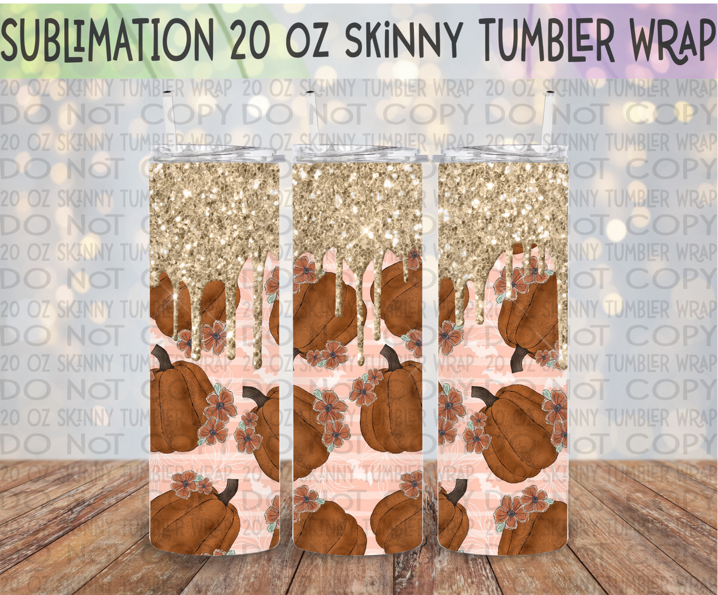 Glitter Floral Pumpkin 20 Oz Skinny Tumbler Wrap - Sublimation Transfer - RTS