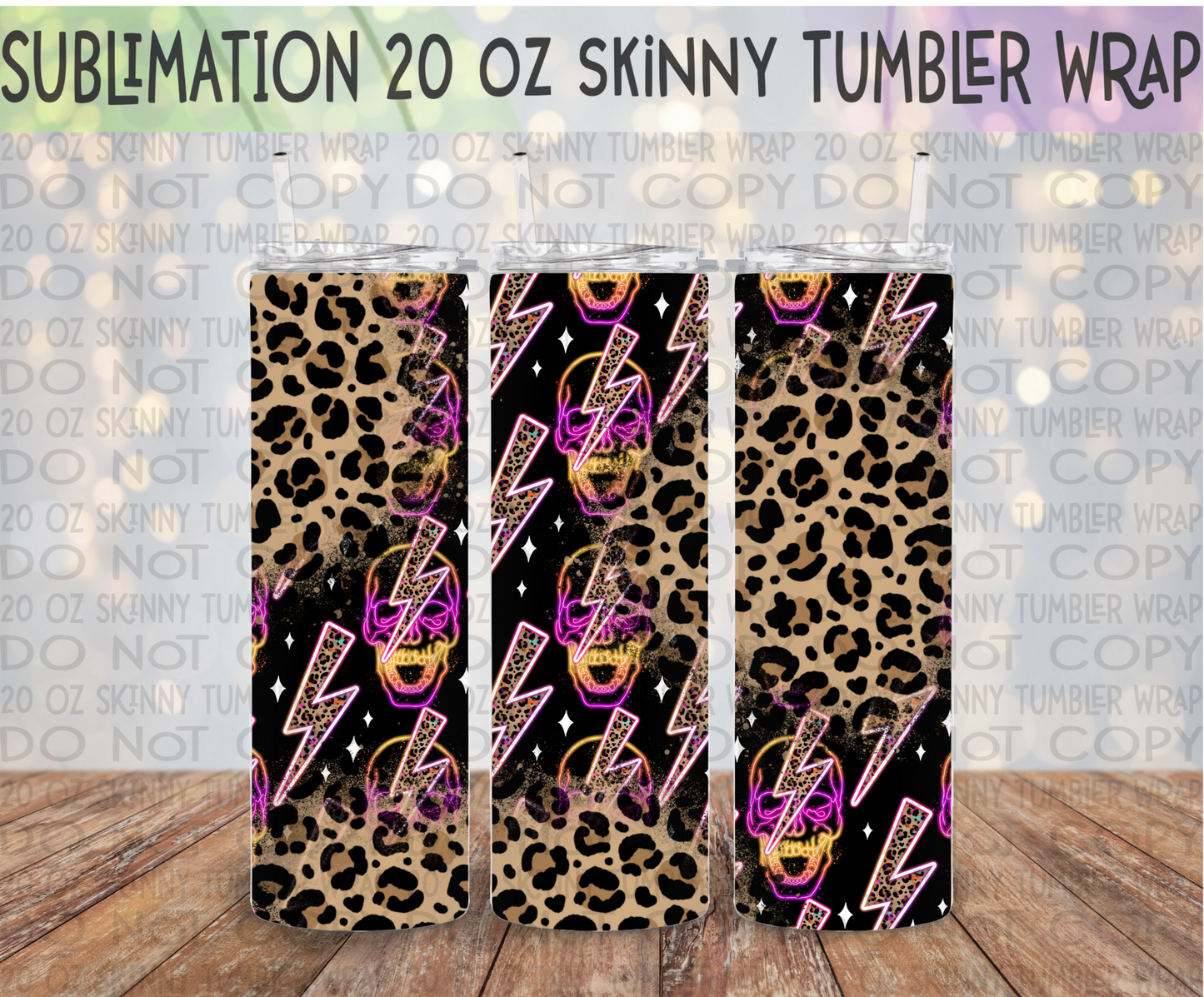 Neon Leopard Skull 20 Oz Skinny Tumbler Wrap - Sublimation Transfer - RTS
