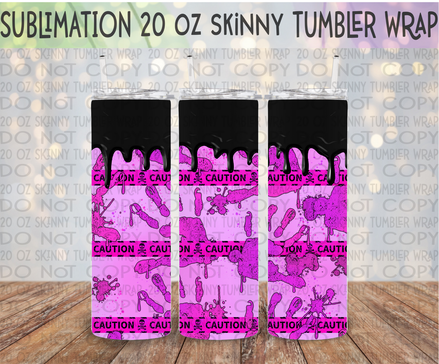 Pink Caution Tape 20 Oz Skinny Tumbler Wrap - Sublimation Transfer - RTS