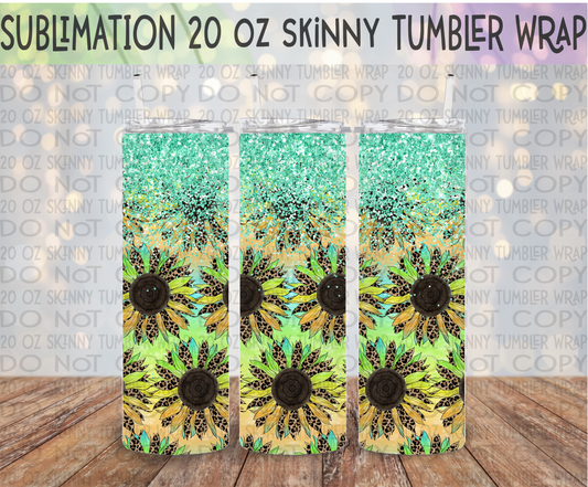 Teal Leopard Sunflower 20 Oz Skinny Tumbler Wrap - Sublimation Transfer - RTS
