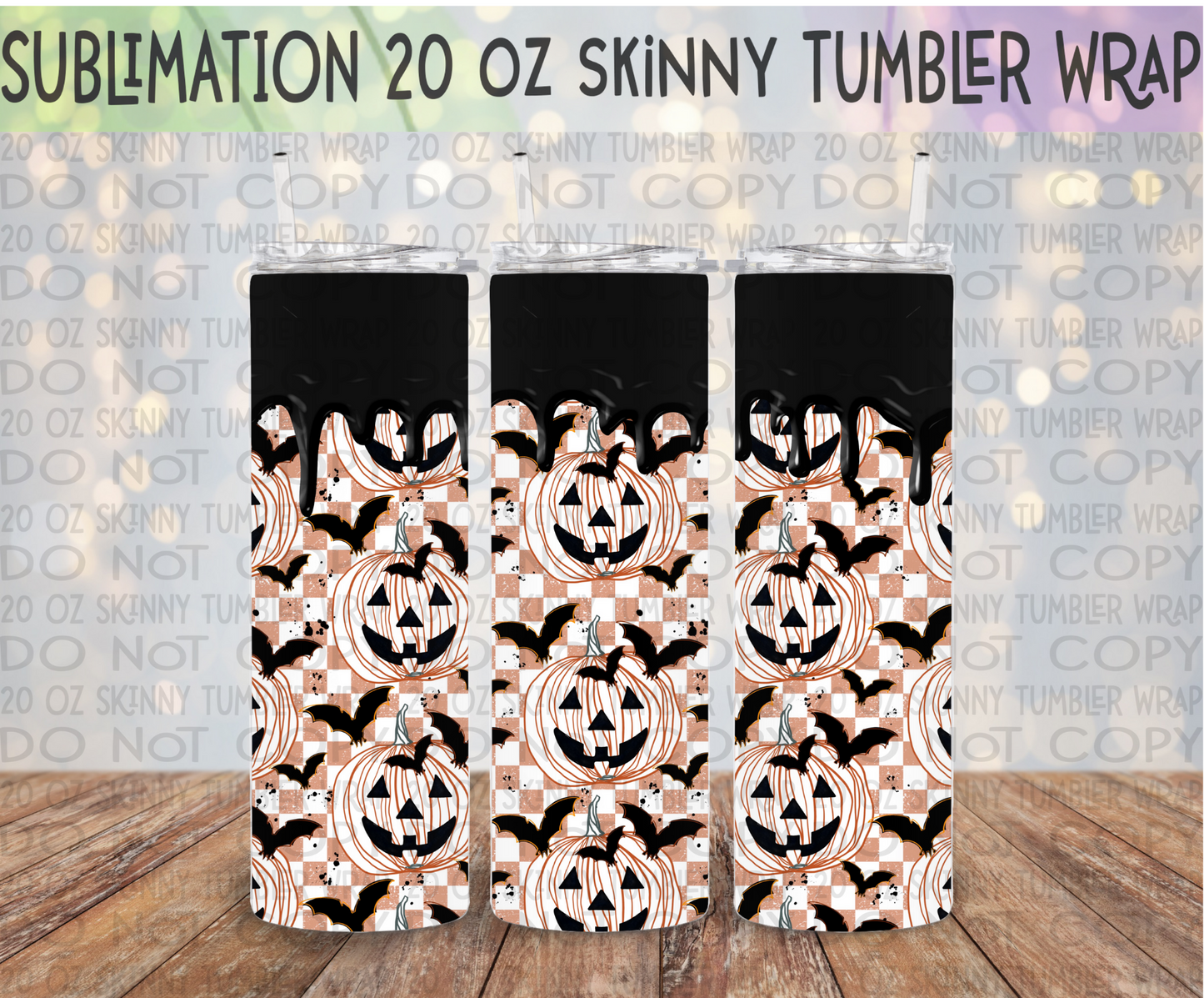Checkered Pumpkins 20 Oz Skinny Tumbler Wrap - Sublimation Transfer - RTS