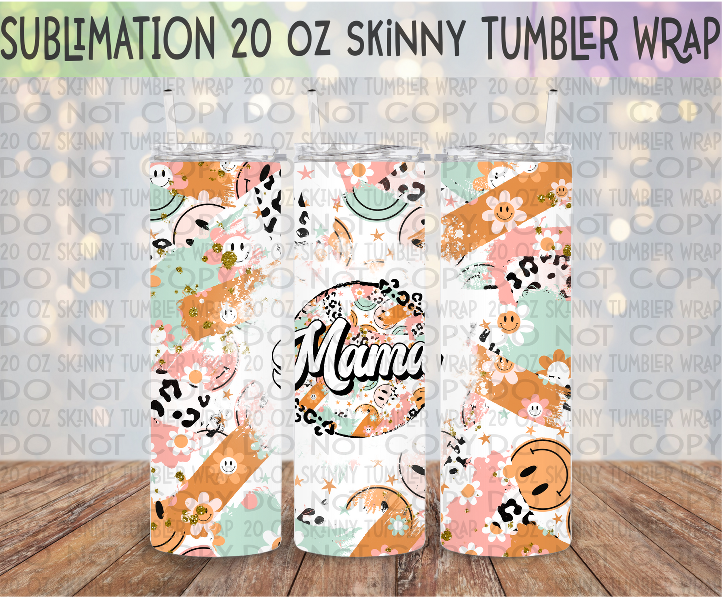 Mama Retro Smiley 20 Oz Skinny Tumbler Wrap - Sublimation Transfer - RTS