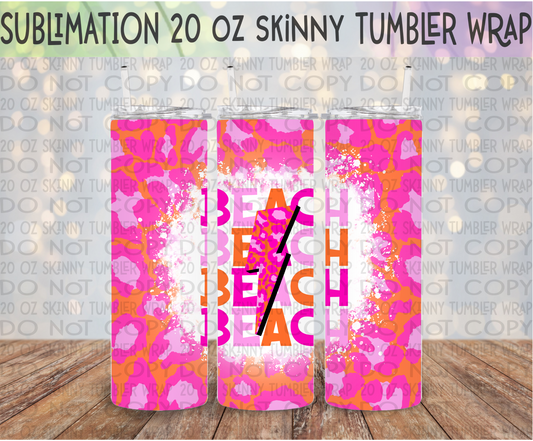 Beach - Orange & Pink Leopard 20 Oz Skinny Tumbler Wrap - Sublimation Transfer - RTS