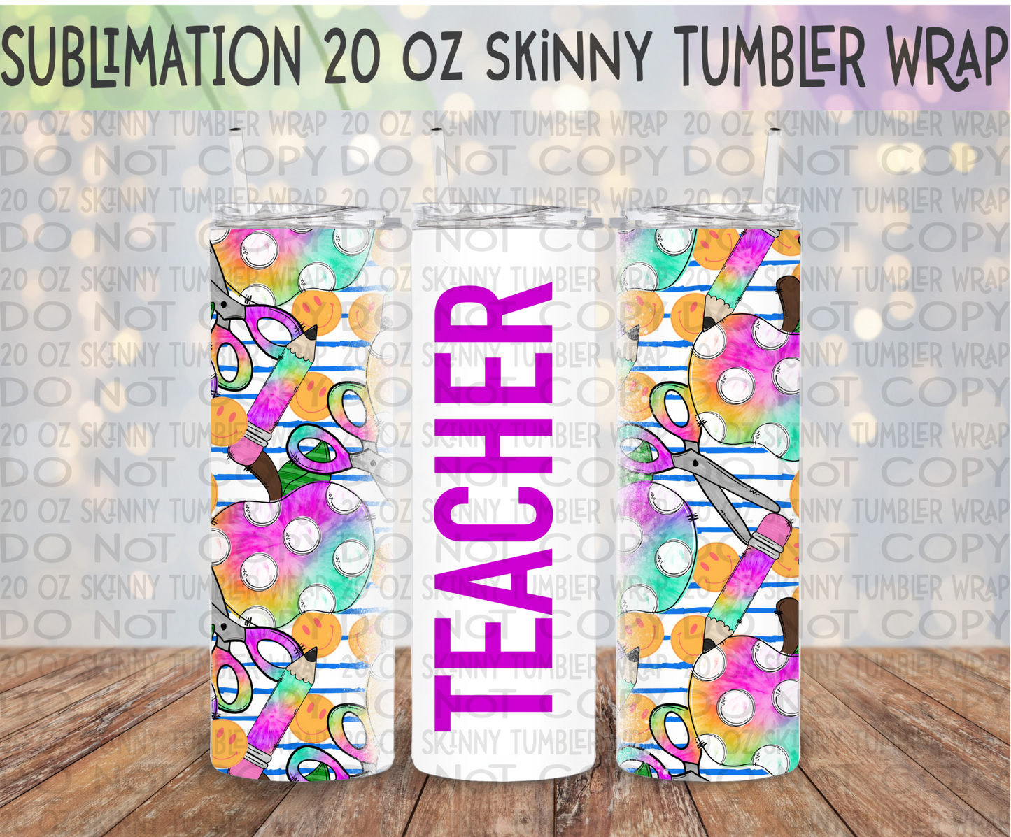 Bright School Doodles Teacher 20 Oz Skinny Tumbler Wrap - Sublimation Transfer - RTS