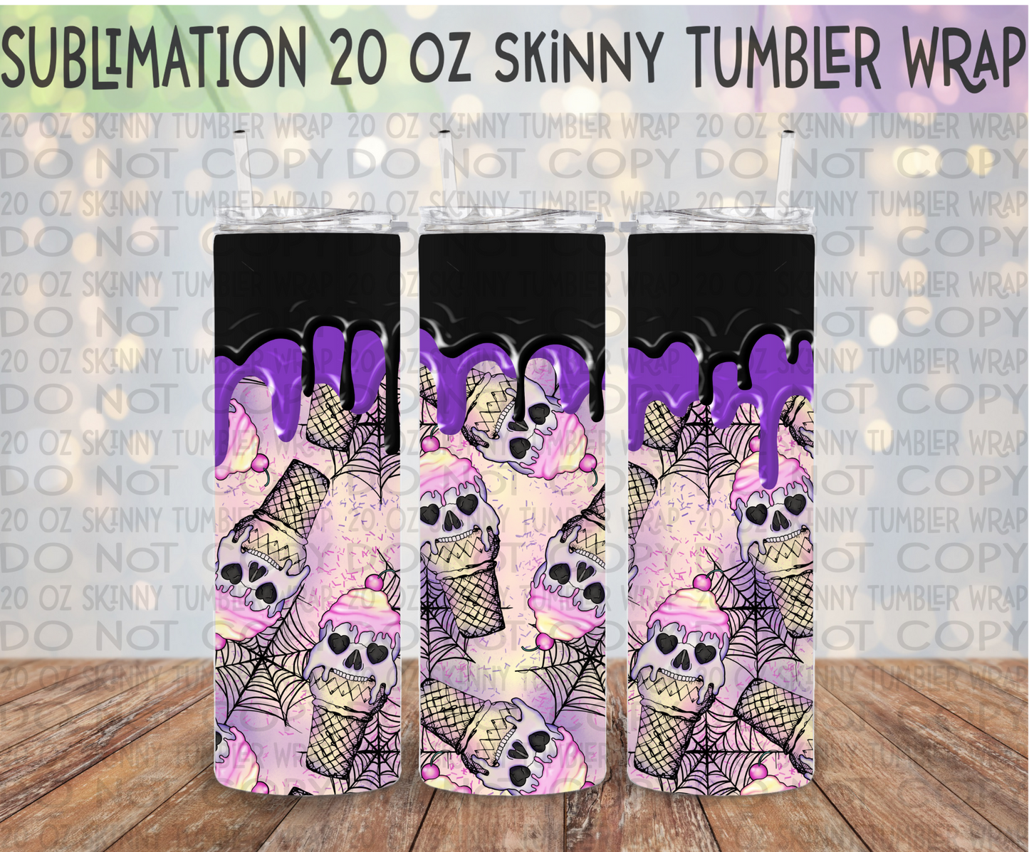 Skeleton Ice Cream 20 Oz Skinny Tumbler Wrap - Sublimation Transfer - RTS
