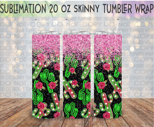 Glitter Neon Cactus 20 Oz Skinny Tumbler Wrap - Sublimation Transfer - RTS