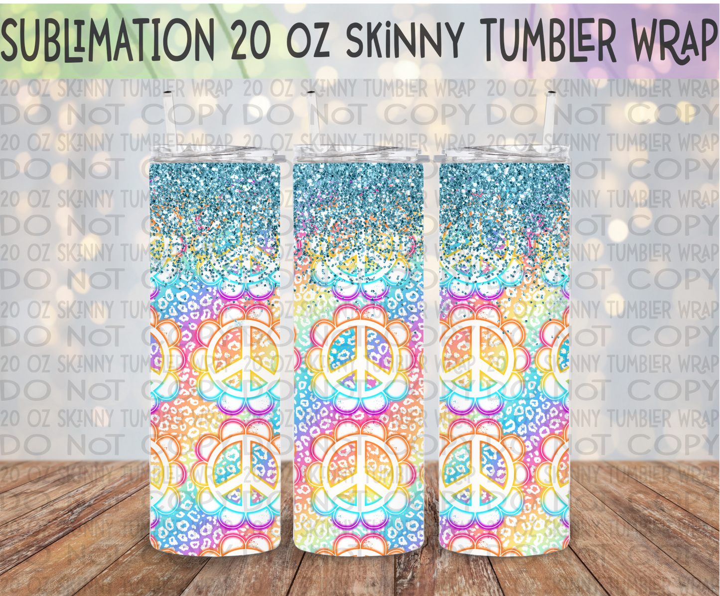 Neon Floral Peace Sign 20 Oz Skinny Tumbler Wrap - Sublimation Transfer - RTS