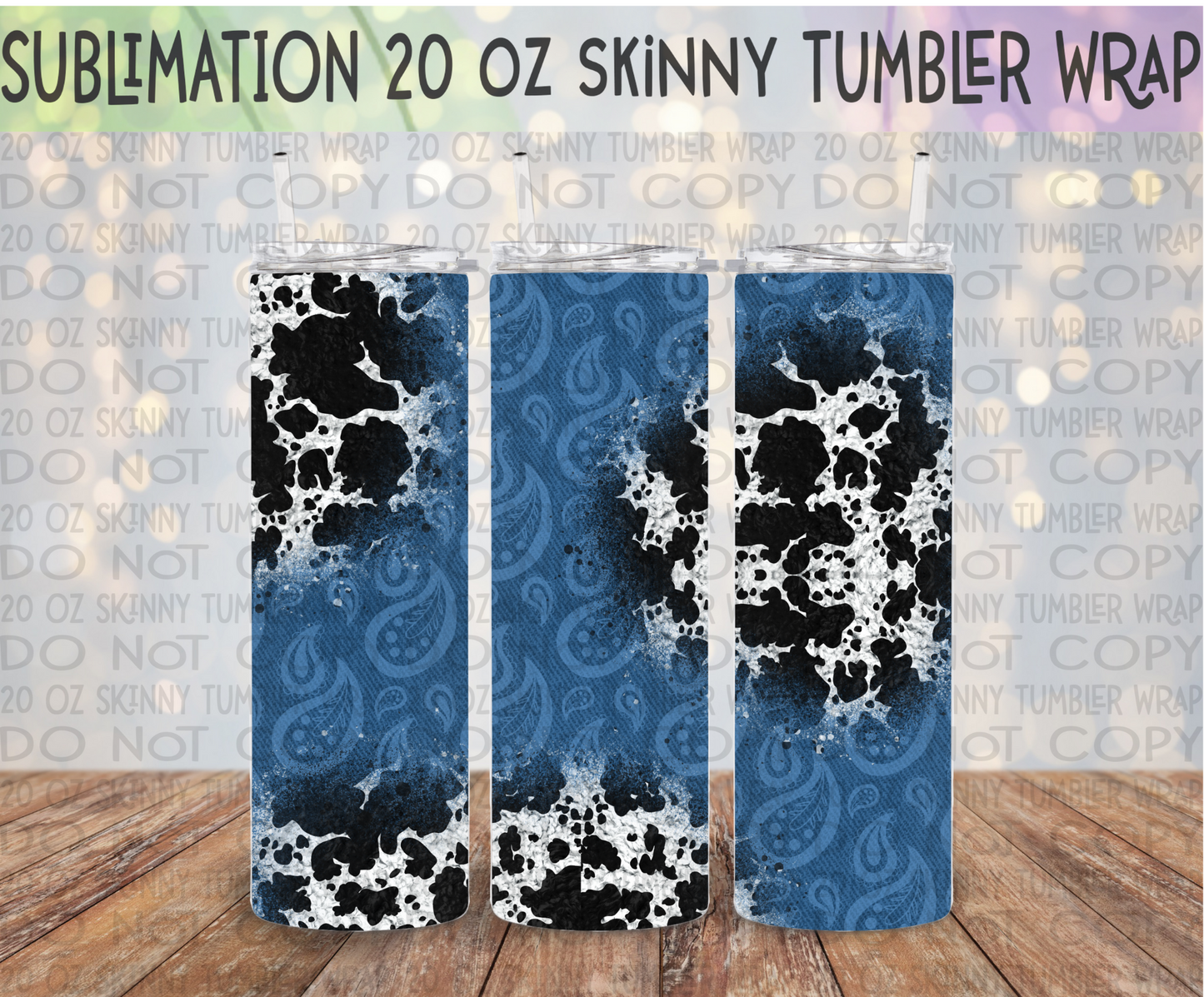 Cowprint Blue Paisley 20 Oz Skinny Tumbler Wrap - Sublimation Transfer - RTS