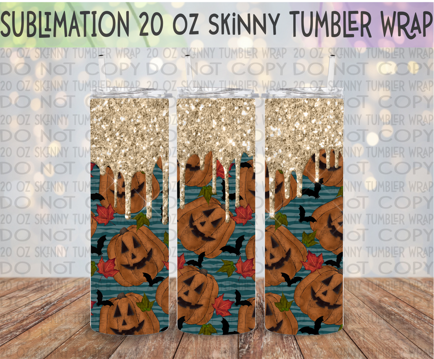 Teal Pumpkin Glitter Drip 20 Oz Skinny Tumbler Wrap - Sublimation Transfer - RTS