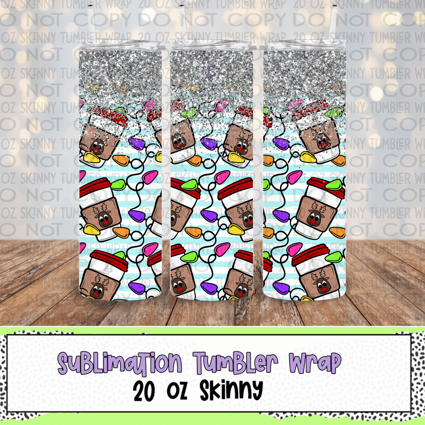 Coffee And Christmas Lights 20 Oz Skinny Tumbler Wrap - Sublimation Transfer - RTS