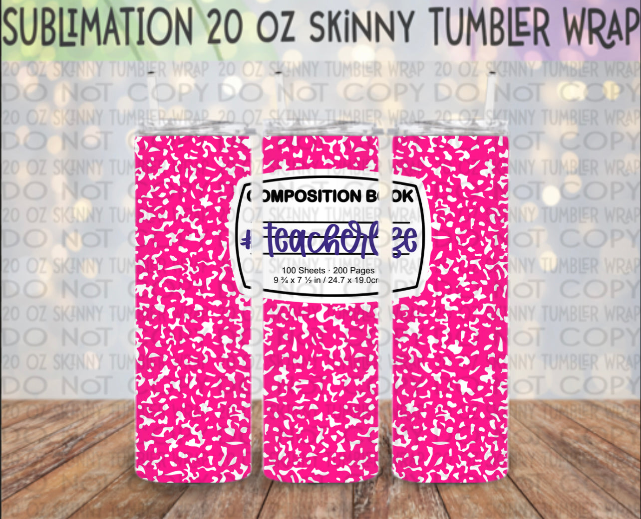 Teacher Life Pink Composition Notebook 20 Oz Skinny Tumbler Wrap - Sublimation Transfer - RTS