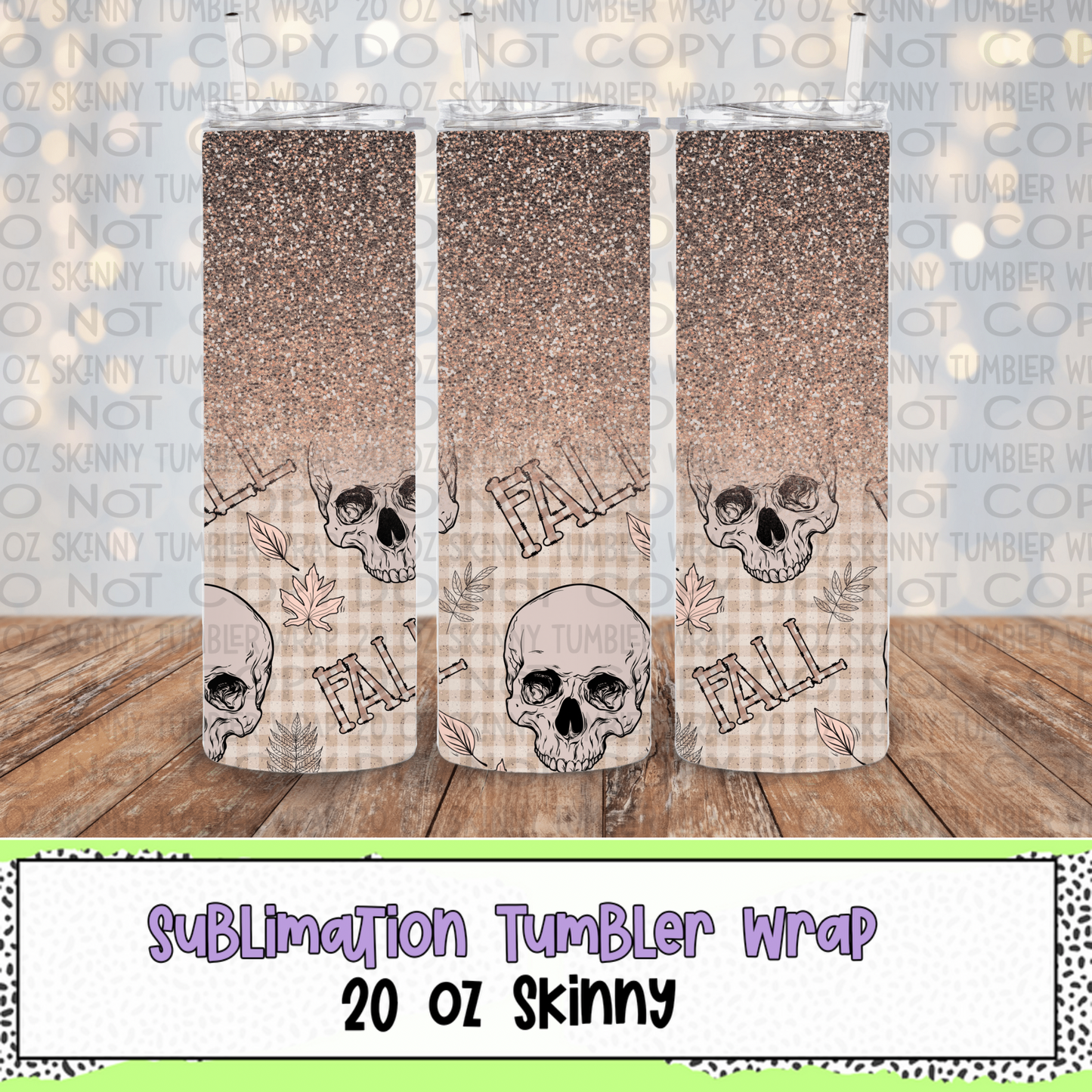Fall Glitter Skulls 20 Oz Skinny Tumbler Wrap - Sublimation Transfer - RTS