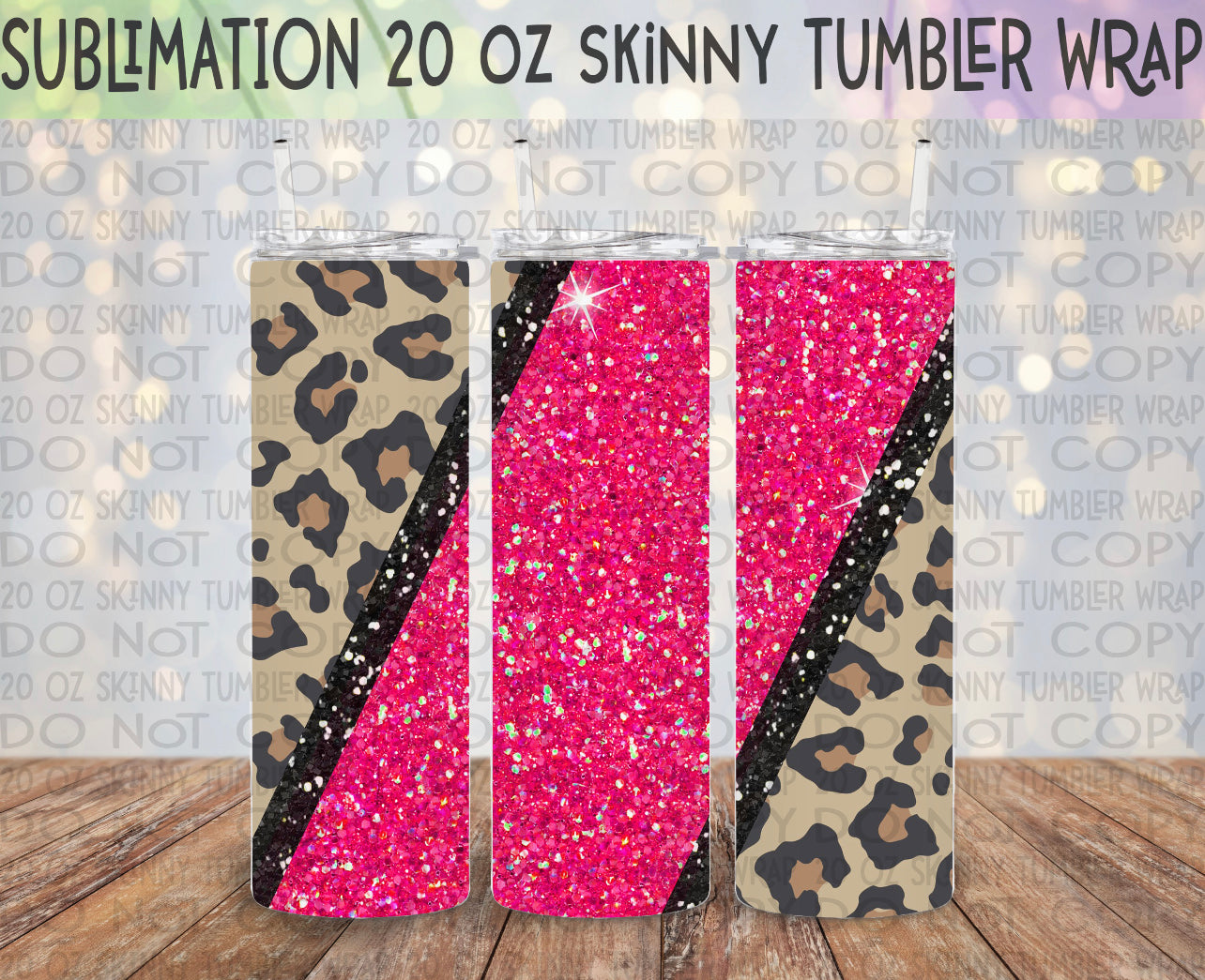 Black and Pink Glitter Leopard 20 Oz Skinny Tumbler Wrap - Sublimation Transfer - RTS