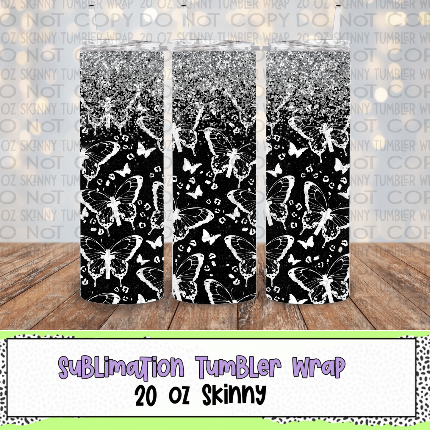 Butterflies Black 20 Oz Skinny Tumbler Wrap - Sublimation Transfer - RTS
