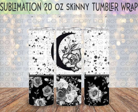 Black Moon & Rose 20 Oz Skinny Tumbler Wrap - Sublimation Transfer - RTS