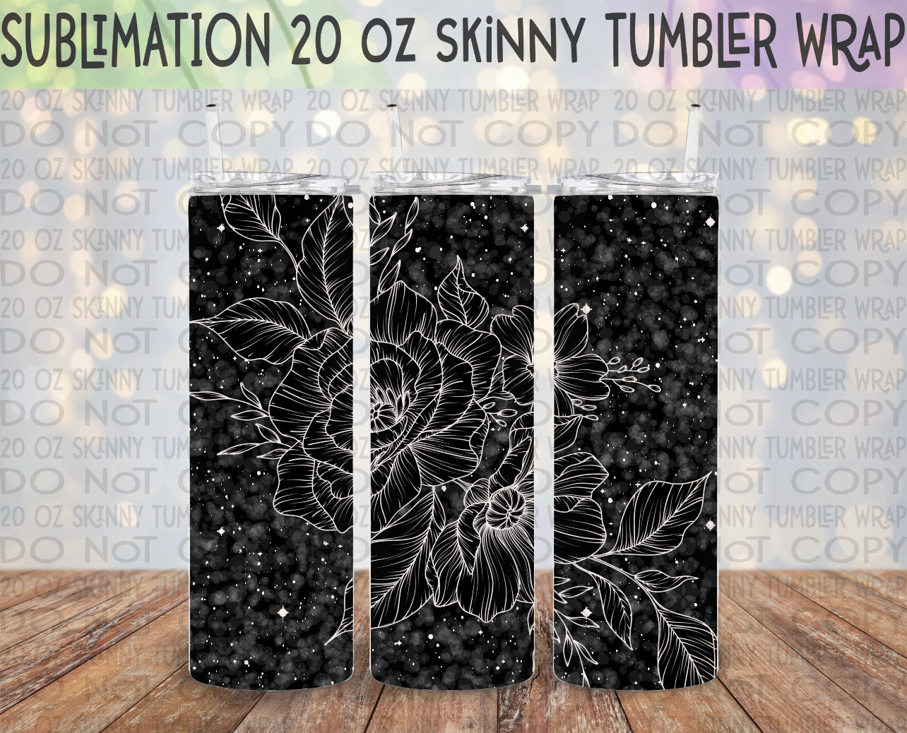 Black Glitter Floral 20 Oz Skinny Tumbler Wrap - Sublimation Transfer - RTS